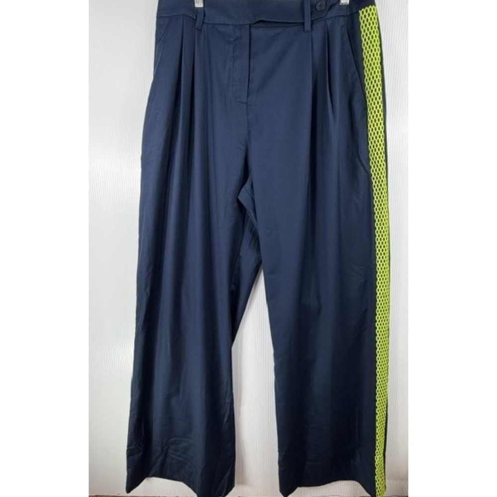 Wildfang The Empower Wide Leg Trouser Pants Womens 12 Navy Blue Neon Green Chic